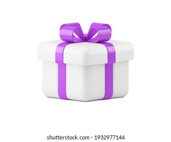 White Gift Box 3d Vector Icon Isolated On White Background. Voluminous Holiday Surprise Tied With Realistic Purple Ribbon. Colorful Event Of Holiday Sale And Birthday Celebration. 