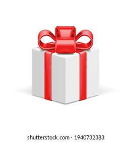 White gift box 3d vector icon and red shiny bow ribbon. Celebration holiday realistic surprise tied isolated on white. Good for holiday sale and birthday celebration.