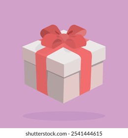 White gift box adorned with a red ribbon on a purple background, perfect for a cheerful Christmas vibe