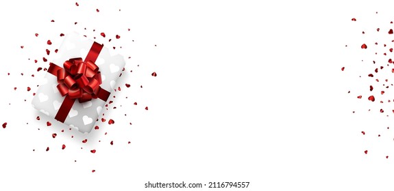 Caja blanca de regalo con un hermoso arco rojo. Cartel con papel rojo como confeti para el día de San Valentín. Ilustración vectorial.