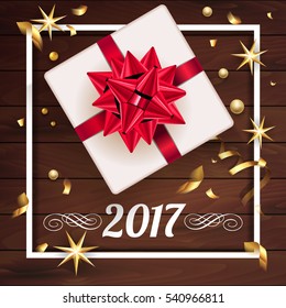 White gift box with a beautiful red bow. Merry Christmas and Happy New Year 2017 greeting card. Vintage Background With Typography and Decoration Elements card Vector, eps 10