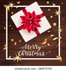 White gift box with a beautiful red bow. Merry Christmas and Happy New Year greeting card. Vintage Background With Typography and Decoration Elements card Vector, eps 10