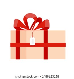 White gift box with big ribbon and bow on it flat style design vector illustration isolated on white background. Wrapped present for holidays for you.