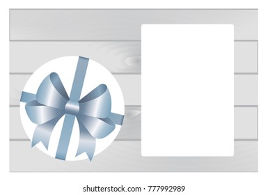 White Gift Box with Blue Bow and White Sheet of paper place for your text Isolated on Wooden Plank Background.  Vector image.
