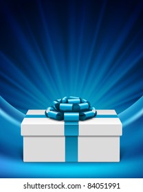 White gift box with blue bow ribbon with lights star rays background and place for text vector illustration. Good for decoration web site banner or greeting card and poster design.