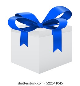 White gift box with blue ribbon bow. Vector illustration isolated  on white background