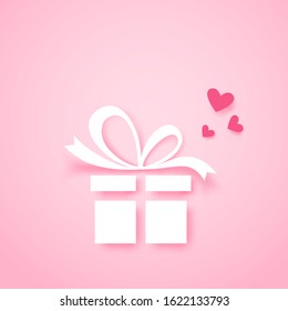 White gift box with bow and red hearts. Paper cut style.