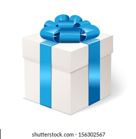 White gift box with bows and blue ribbon.