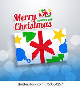 White gift box with bright Christmas prints and red ribbons, on gray-blue background with bokeh. Vector illustration.