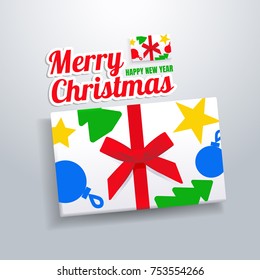 White gift box with bright Christmas prints and red ribbon on grey background. Vector illustration.