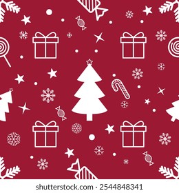 White Gift box and Christmas tree Seamless Pattern on red background for Christmas and New Year. texture clothing scarf decoration