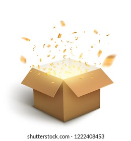 White gift box confetti explosion. Magic open surprise gift box package decoration.