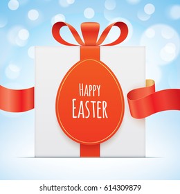 White gift box with egg shaped tag, tied with a red ribbon on a blue bokeh background. Easter greeting card vector design.