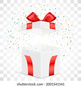 White gift box with exploded colorful confetti, isolated on background. Vector giftbox mockup.