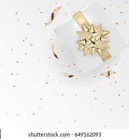 White gift box and gold bow ribbons with confetti on light silk texture background. Vector illustration
