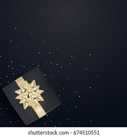 White gift box and gold ribbons with confetti on light silk texture background. Vector illustration