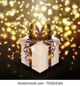 White gift box gold ribbons holidays present sniny bokeh background vector greeting card illustration