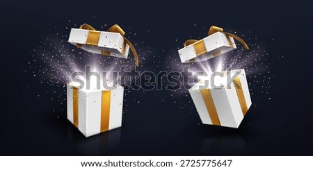 White gift box with golden ribbon and open lid releasing bright light and colorful confetti particles. 3d surprise present concept for celebration, birthday or festive promotion and holiday designs.
