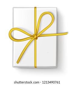White gift box with golden string bow. Holiday decoration isolated on white. Vector illustration