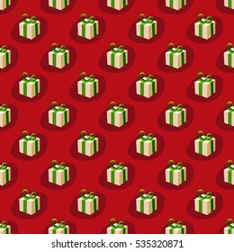 White gift box with a green ribbon and bow isolated on red background. Vector seamless pattern. Doodle concept for design greeting poster, card, banner