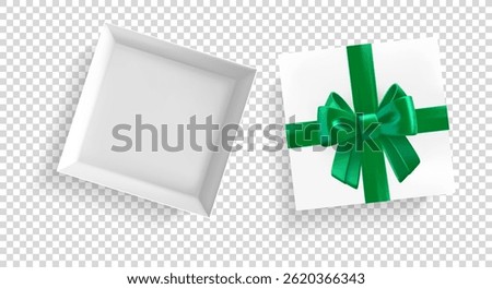 White gift box with green ribbon and bow. 3D vector elements isolated on transparent background