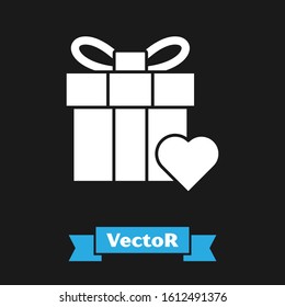White Gift box and heart icon isolated on black background. Valentines day.  Vector Illustration
