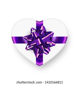White gift box heart shaped with shiny purple bow in star shape and realistic falling shadow. Ready clipart object gift box for decoration design banner, poster, card, background and more.