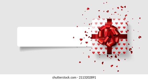 White gift box with hearts pattern and beautiful red bow. Red foil confetti. Valentine's day. For card, poster, web, banner. Vector illustration.