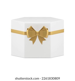 White gift box hexagonal shape premium festive package design 3d icon realistic vector illustration. Polygonal present surprise storage container with golden bow ribbon for holiday congratulations