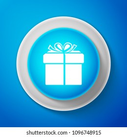 White Gift box icon isolated on blue background. Circle blue button with white line. Vector Illustration