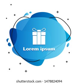 White Gift box icon isolated on white background. Abstract banner with liquid shapes. Vector Illustration
