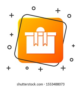 White Gift box icon isolated on white background. Merry Christmas and Happy New Year. Orange square button. Vector Illustration