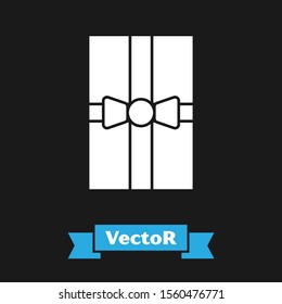 White Gift box icon isolated on black background. Merry Christmas and Happy New Year.  Vector Illustration