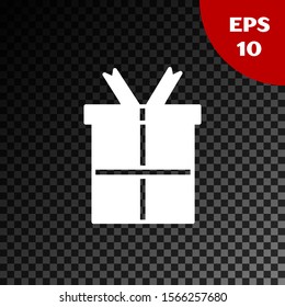 White Gift box icon isolated on transparent dark background. Happy Birthday.  Vector Illustration