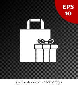 White Gift box icon isolated on transparent dark background.  Vector Illustration