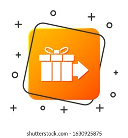 White Gift box icon isolated on white background. Orange square button. Vector Illustration