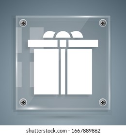 White Gift box icon isolated on grey background. Happy Birthday. Square glass panels. Vector Illustration