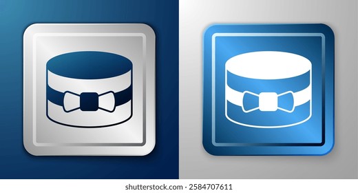 White Gift box icon isolated on blue and grey background. 8 March. International Happy Women Day. Silver and blue square button. Vector