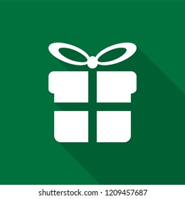 White gift box icon with long shadow on green background. Vector Illustration EPS 10