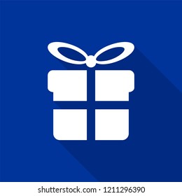White gift box icon with long shadow on blue background. Vector Illustration EPS 10