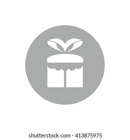 White gift box icon vector illustration. Gray circle. Gray button