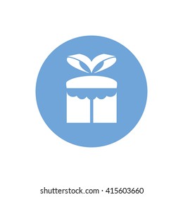 White gift box icon vector illustration. Blue circle. Blue button