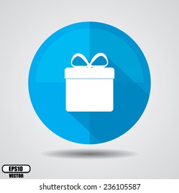 White Gift box icons on blue circle background. Vector illustration.