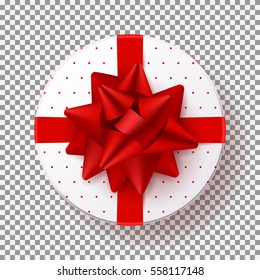 White gift box isolated on transparent backdrop. Vector illustration. Top view on gift with red bow. Template for greeting card or Christmas, New Year and birthday.