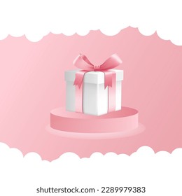 A white gift box lies floating on a pink background.