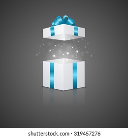 White gift box with a magic effect and reflection. Vector EPS10 illustration.