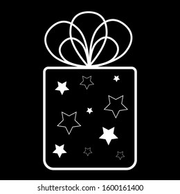 White gift box on a black background. Vector illustration for decoration, postcards, banner. A picture on the box in the form of stars. Gift symbol.