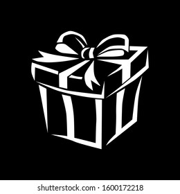 White gift box on a black background. Vector illustration for decoration, postcards, banner. Gift symbol.  Beautiful festive box with bows.