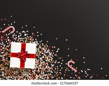 White gift box on a black table with confetti. 3d vector flat lay banner