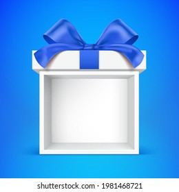 White gift box on the blue background, with empty space for object placement.